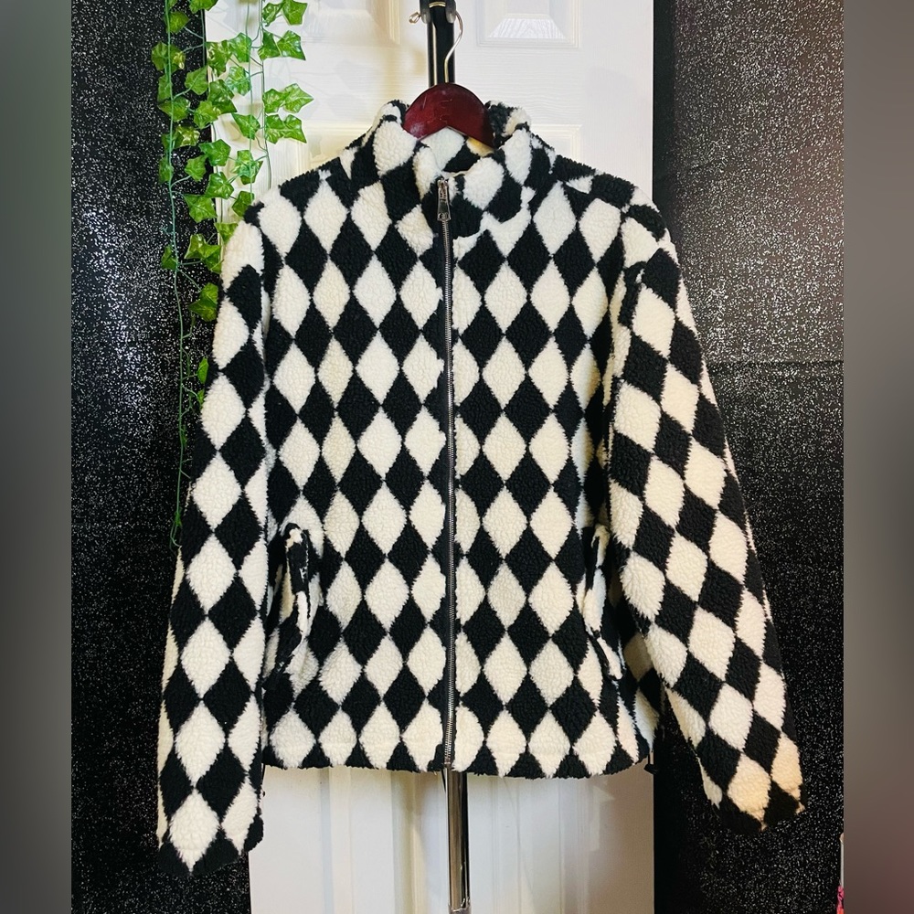 SHEIN Men Argyle Pattern Zipper Teddy Jacket Multicolor / S